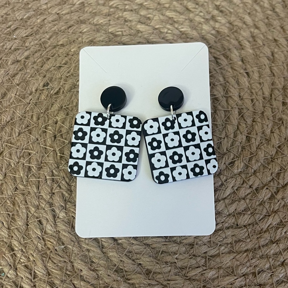 Handmade Flower Checkerboard Square Drop Earrings